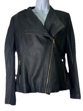 LAMBSKIN LEATHER MOTO JACKET  Black w/Gold Hardware BY VIA SPIGA Size Medium